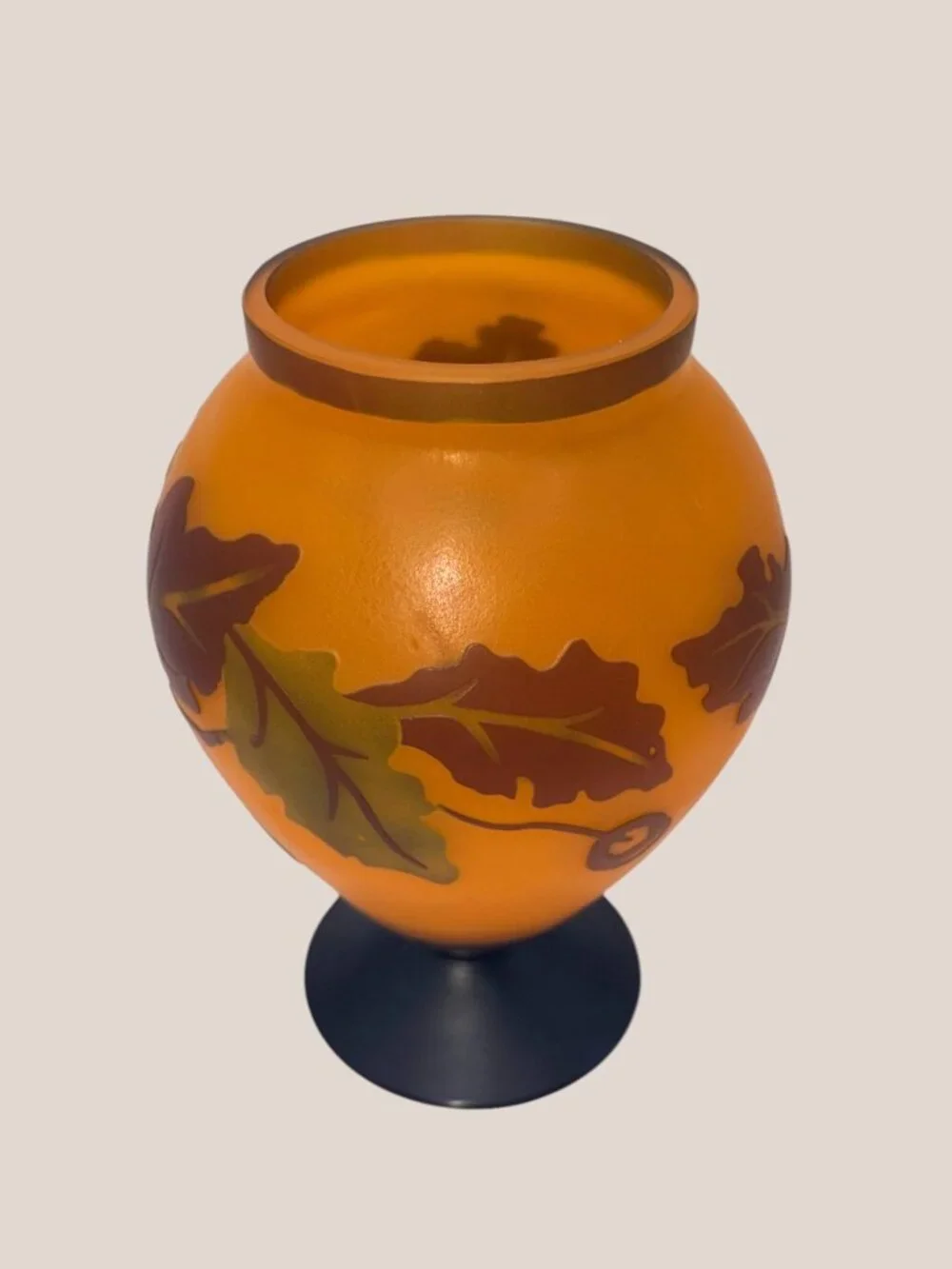 VTG Teleflora Cameo Autumn Oak Leaf Frosted Glass Vase Amber Orange Pedestal
